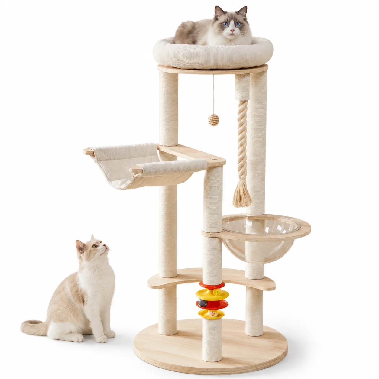 Multi-functional wooden cat tree with space capsule pod, soft condo, hanging ball and scratching posts – view 3