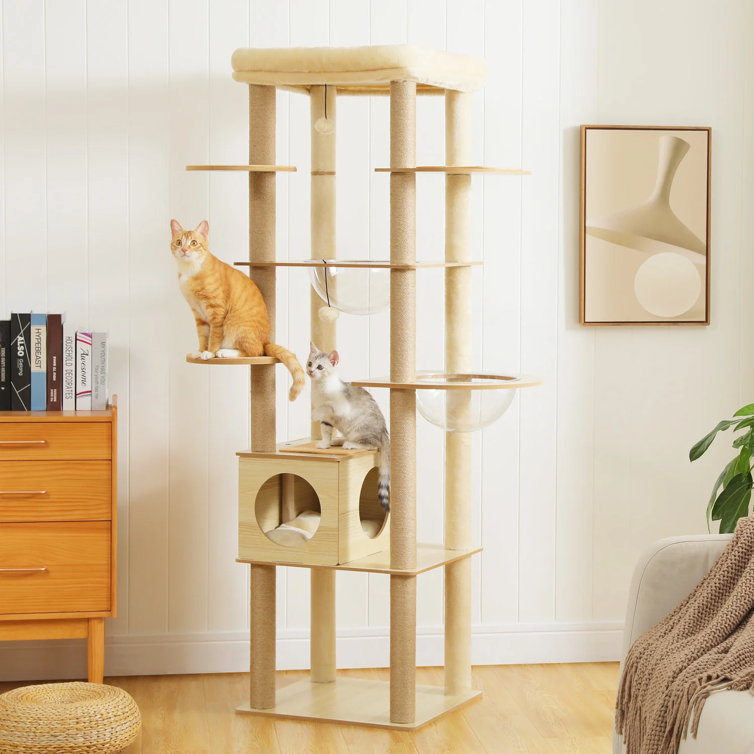 Multi-level indoor wood cat tree with hammock, condo, top perch and scratching posts – view 3
