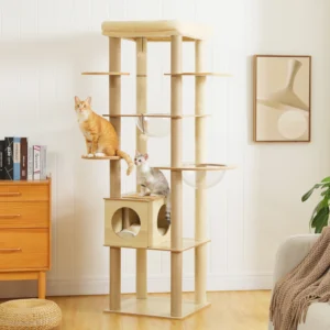 Multi-level indoor wood cat tree with hammock, condo, top perch and scratching posts