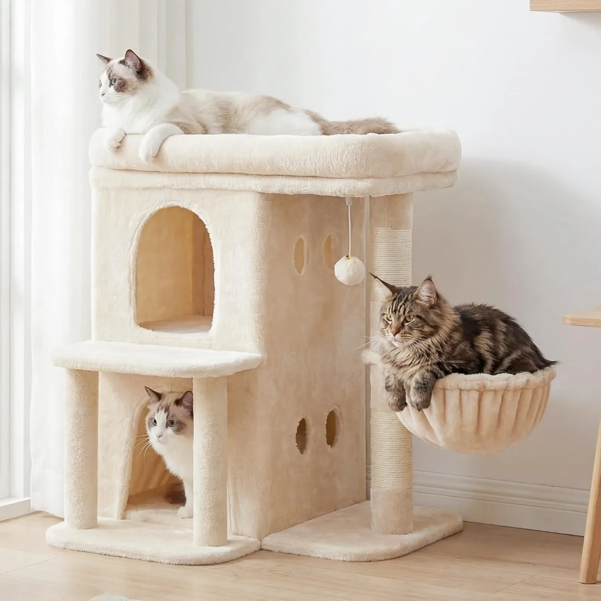 {title} showing dual condos, large perch, sisal-wrapped posts, cozy basket and dangling toy – view 2