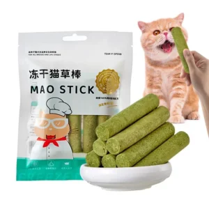 Freeze-dried cat grass chew sticks on a neutral background