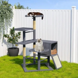67in outdoor wooden cat tree with condo, scratching posts and perches for large cats