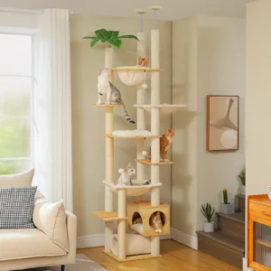 Wooden cat tree with hammock and sisal posts - {view}