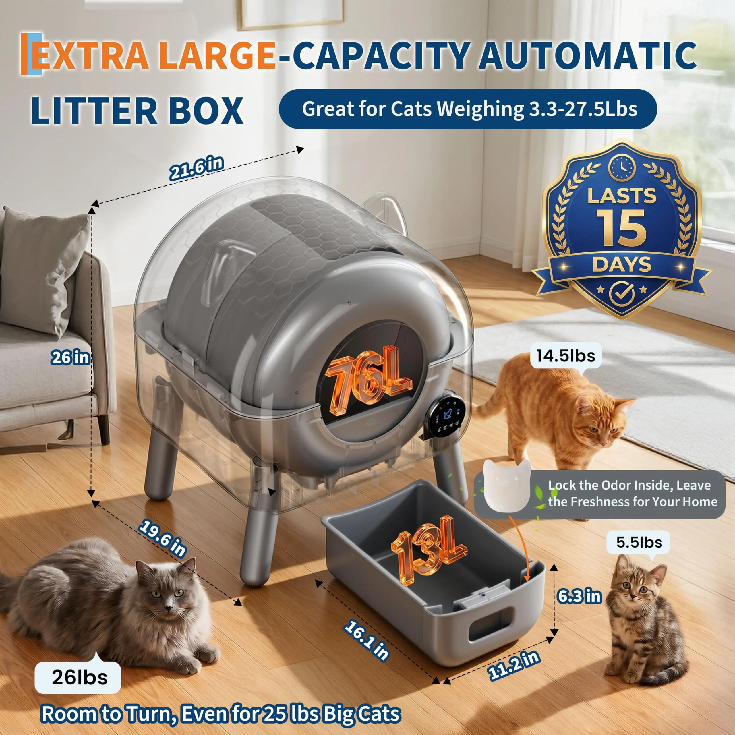 72L Automatic Self-Cleaning Cat Litter Box — 72L capacity, app-controlled unit shown in home setting – view 2
