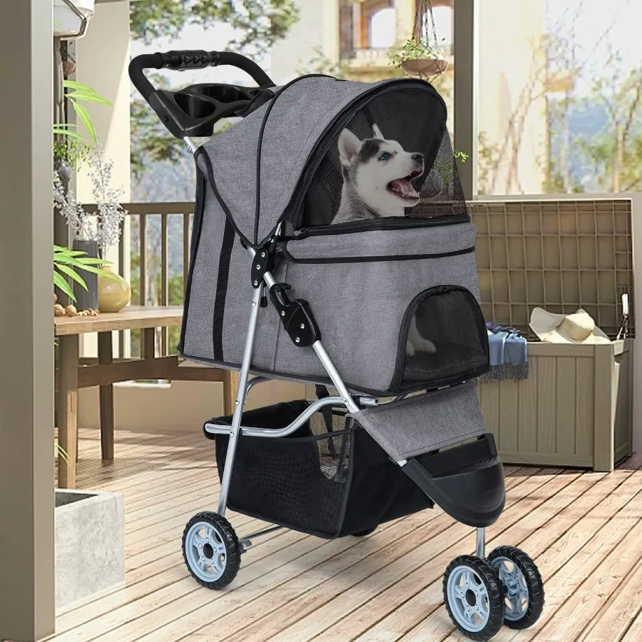 3-Wheel Folding Pet Stroller in grey for small and medium dogs and cats – view 2