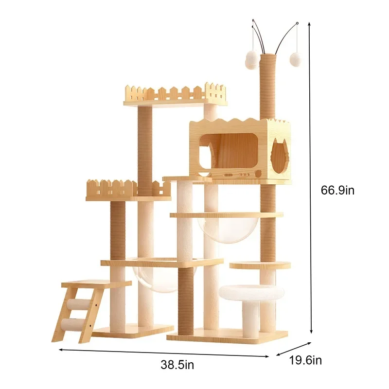 Wooden multi-cat condo tower with sisal scratching posts, acrylic hammock and top perch placed in a living room – view 3