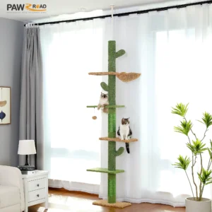 5-tier floor-to-ceiling cat tree with hammock, scratching post and dangling ball for indoor cats