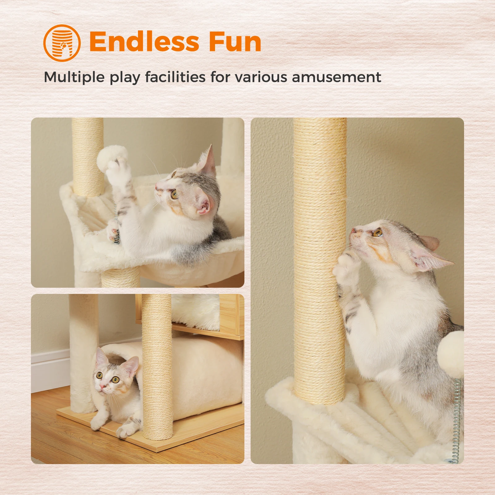 Wooden cat tree with hammock and sisal posts - {view} – view 2
