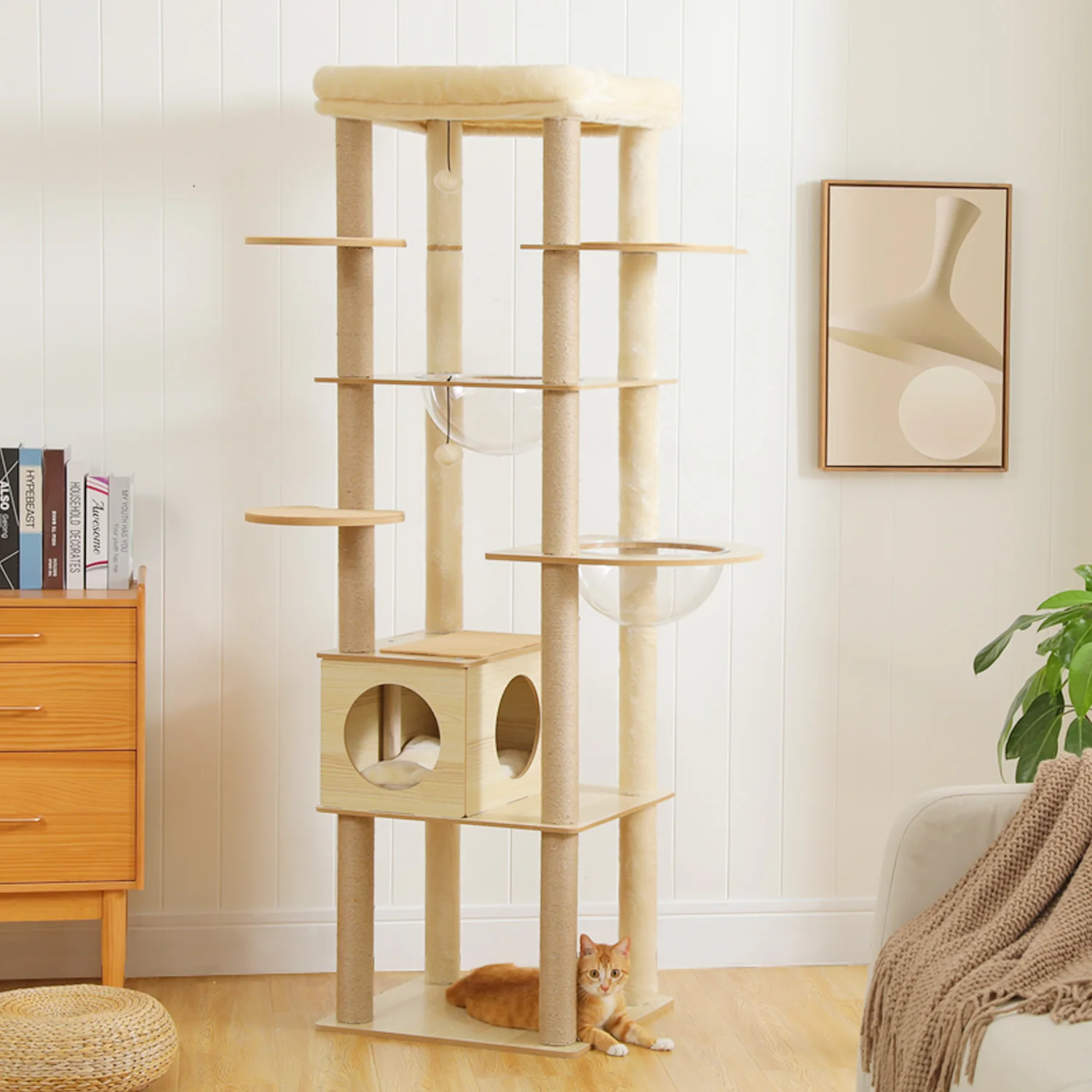 Multi-level indoor wood cat tree with hammock, condo, top perch and scratching posts – view 2