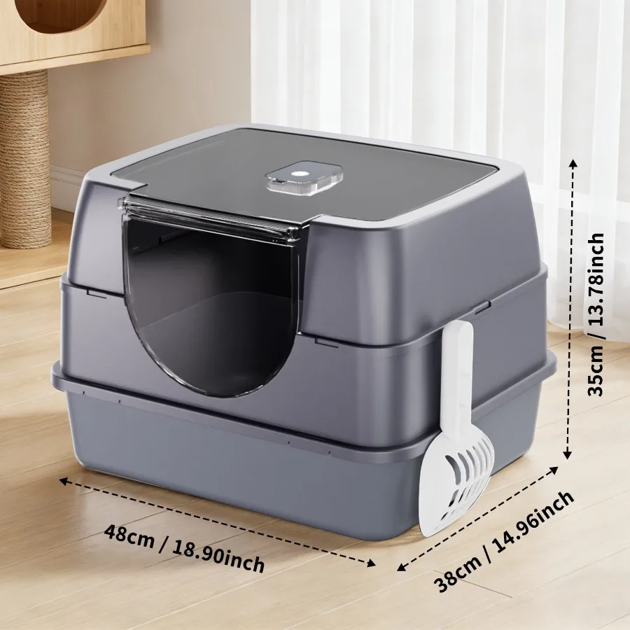 Gray side-entry enclosed cat litter box with scoop — {view} – view 2