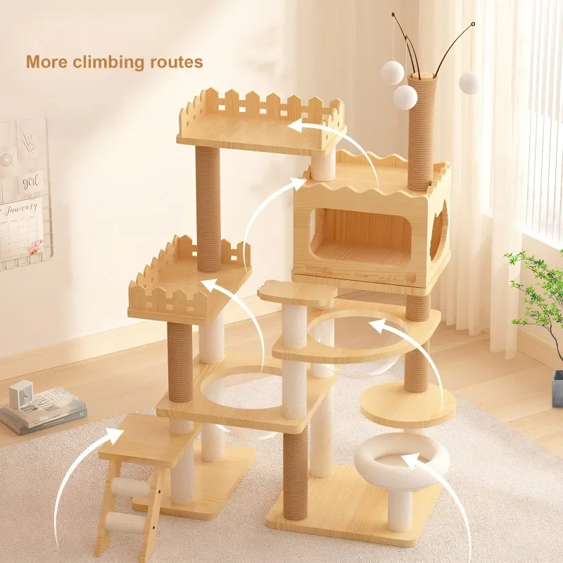 Wooden multi-cat condo tower with sisal scratching posts, acrylic hammock and top perch placed in a living room – view 2