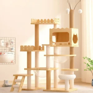 Wooden multi-cat condo tower with sisal scratching posts, acrylic hammock and top perch placed in a living room