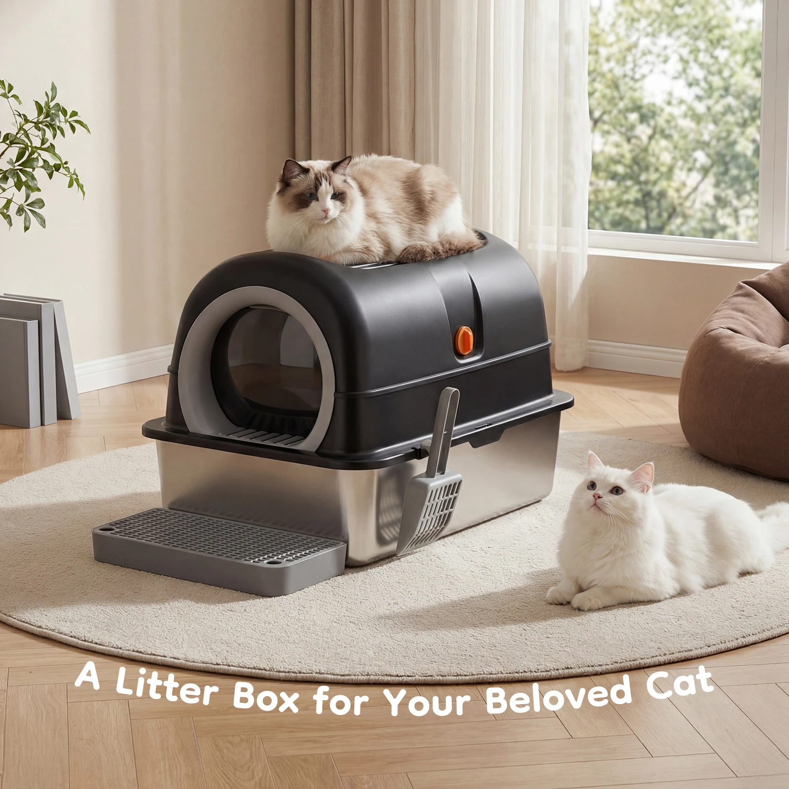 24in stainless steel enclosed cat litter box with scoop and mat – view 4