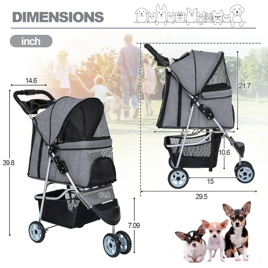 3-Wheel Folding Pet Stroller in grey for small and medium dogs and cats – view 3