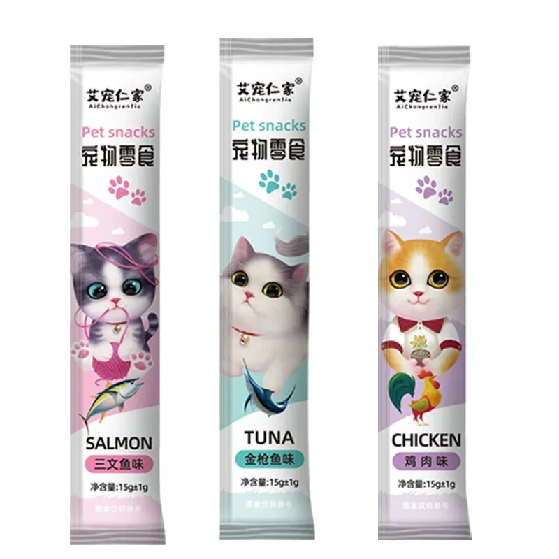 Pack of 20 high-meat lickable cat treat tubes (0.5 oz) in chicken, salmon and tuna flavors – view 3