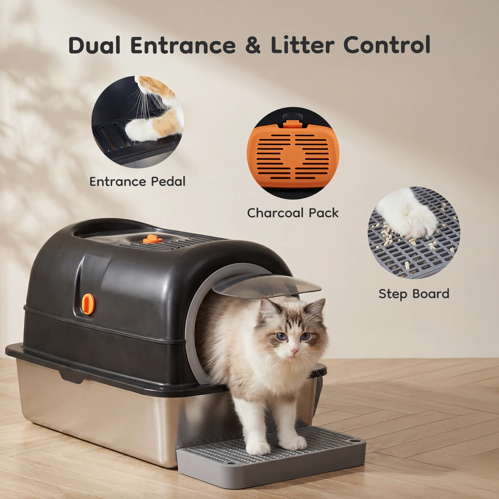 24in stainless steel enclosed cat litter box with scoop and mat – view 2