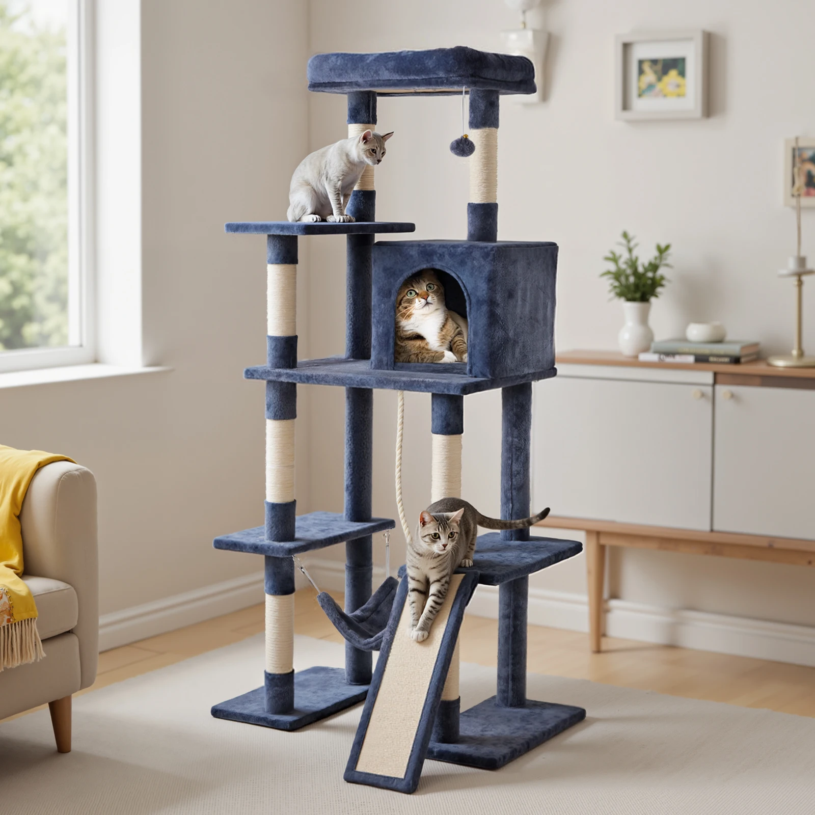 63-inch cat tree with natural sisal scratching posts and enclosed pet house