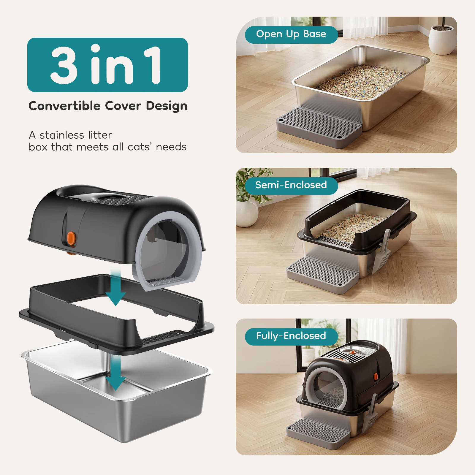 24in stainless steel enclosed cat litter box with scoop and mat – view 3