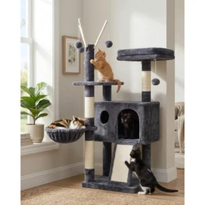 41-inch cat tree tower with sisal scratch board, condo, hammock and hanging ball