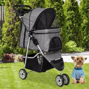 3-Wheel Folding Pet Stroller in grey for small and medium dogs and cats