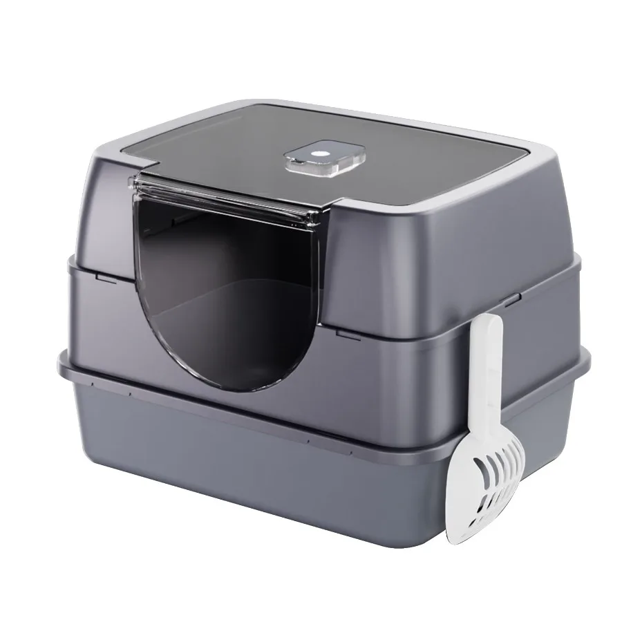 Gray side-entry enclosed cat litter box with scoop — {view} – view 3