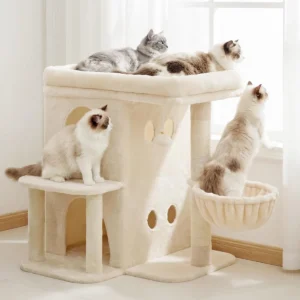 {title} showing dual condos, large perch, sisal-wrapped posts, cozy basket and dangling toy