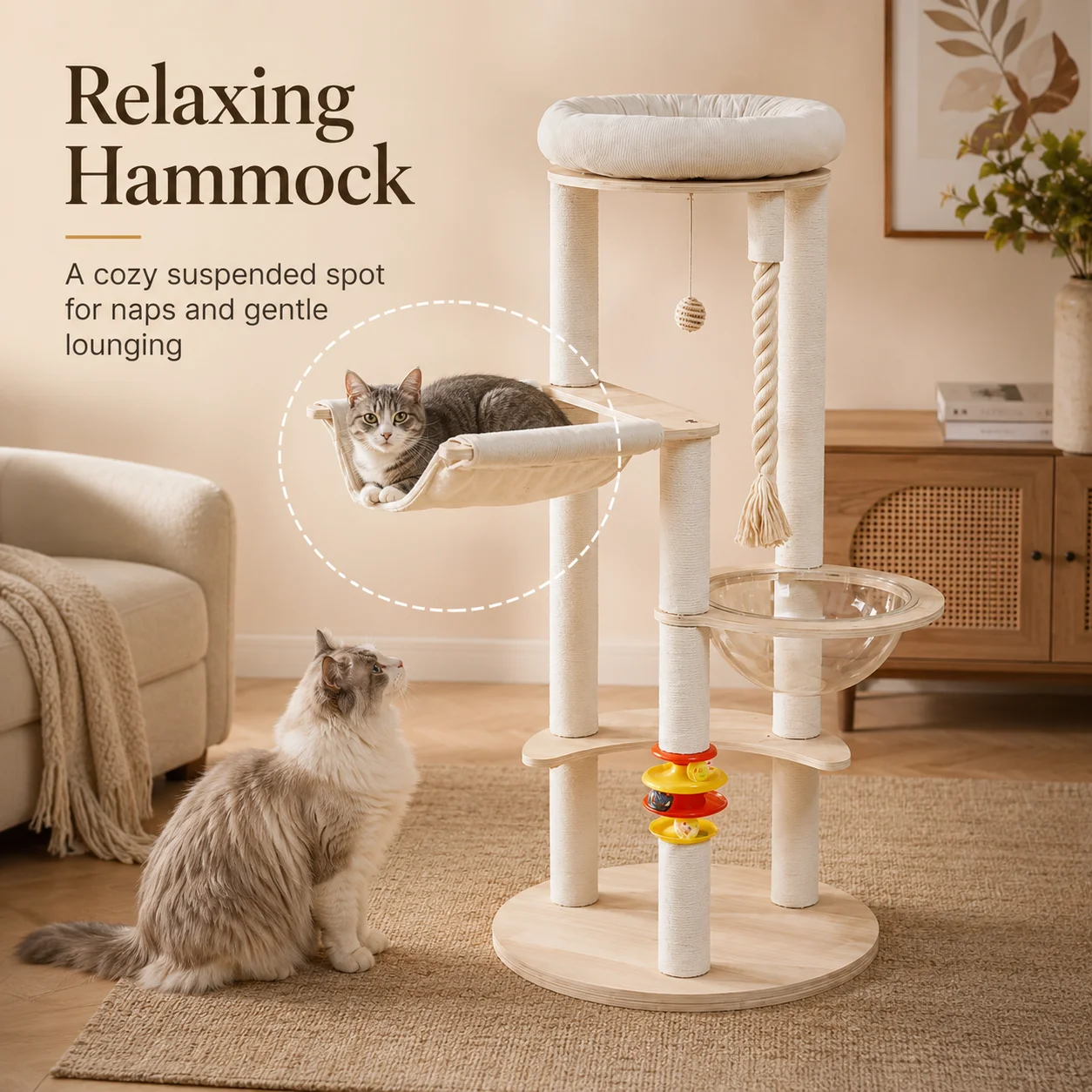 Multi-functional wooden cat tree with space capsule pod, soft condo, hanging ball and scratching posts – view 2